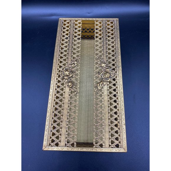 Vintage Gold Filigree Rose Tissue Box Cover Silver MCM Hollywood Regency - Picture 11 of 14